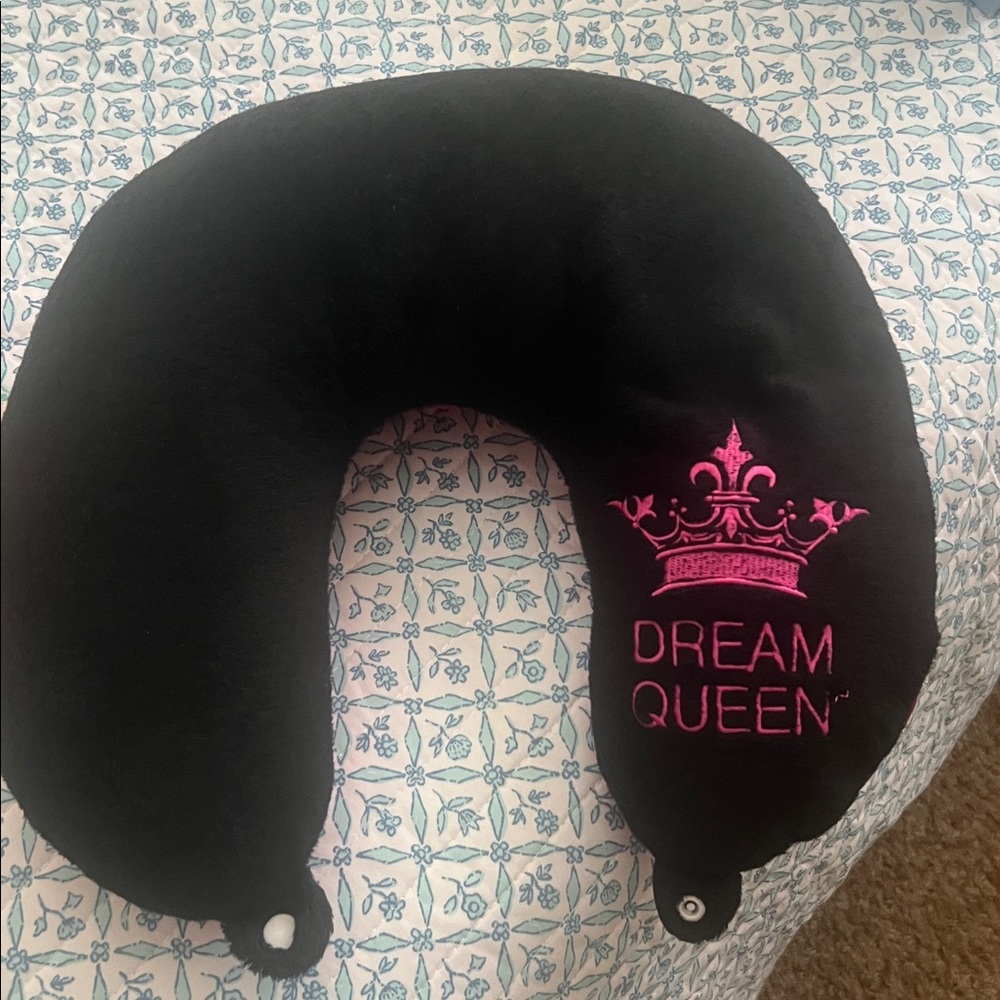 Black Travel Neck Pillow with Pink Embroidery
